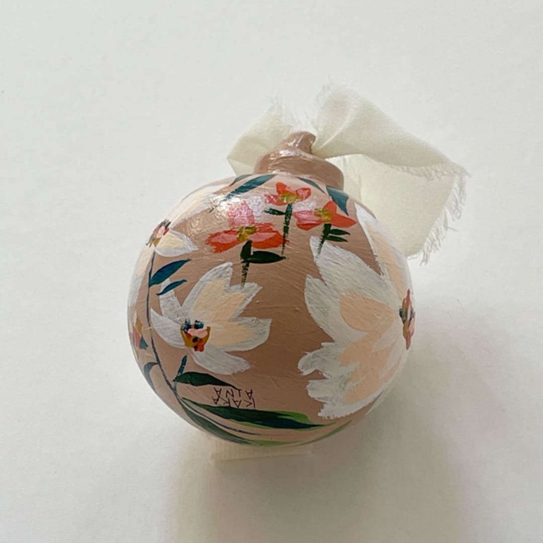 "Winter White Boho Floral Hand-painted Ceramic Ornament" - Ornaments in beige by Kara Aina