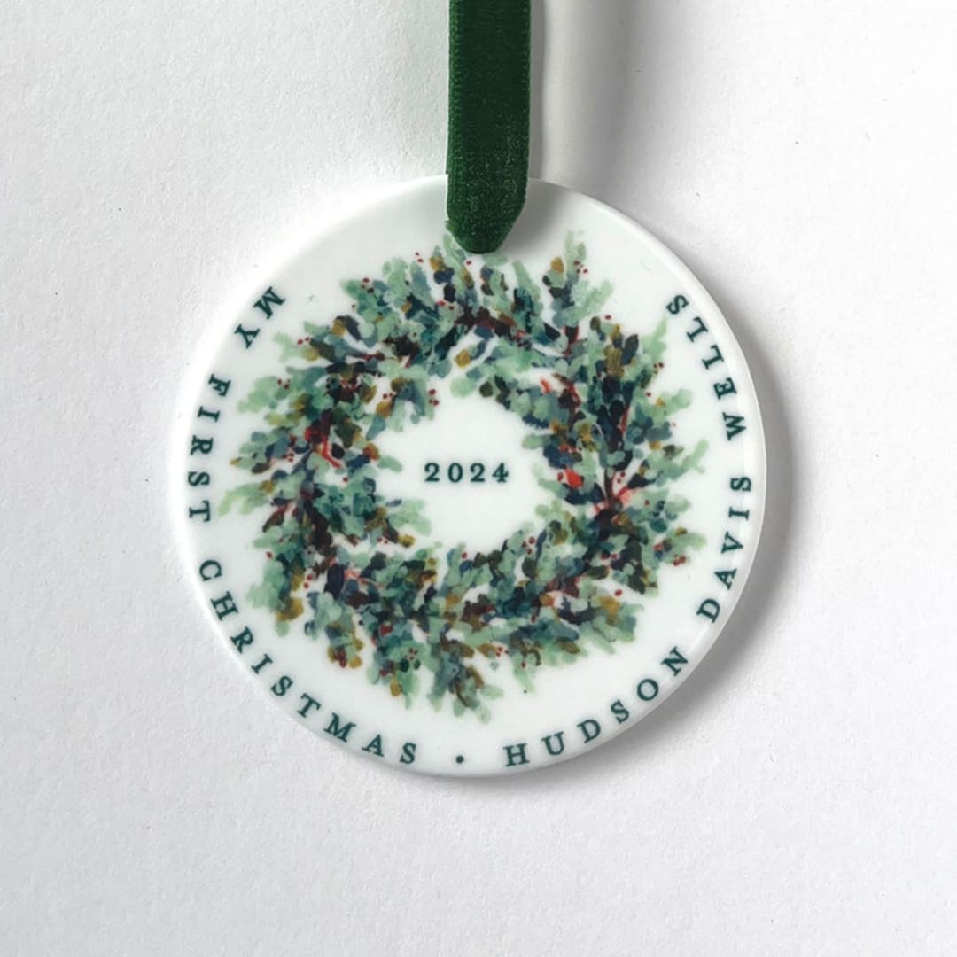 Personalized Baby's First Christmas Ceramic Ornament, Wreath