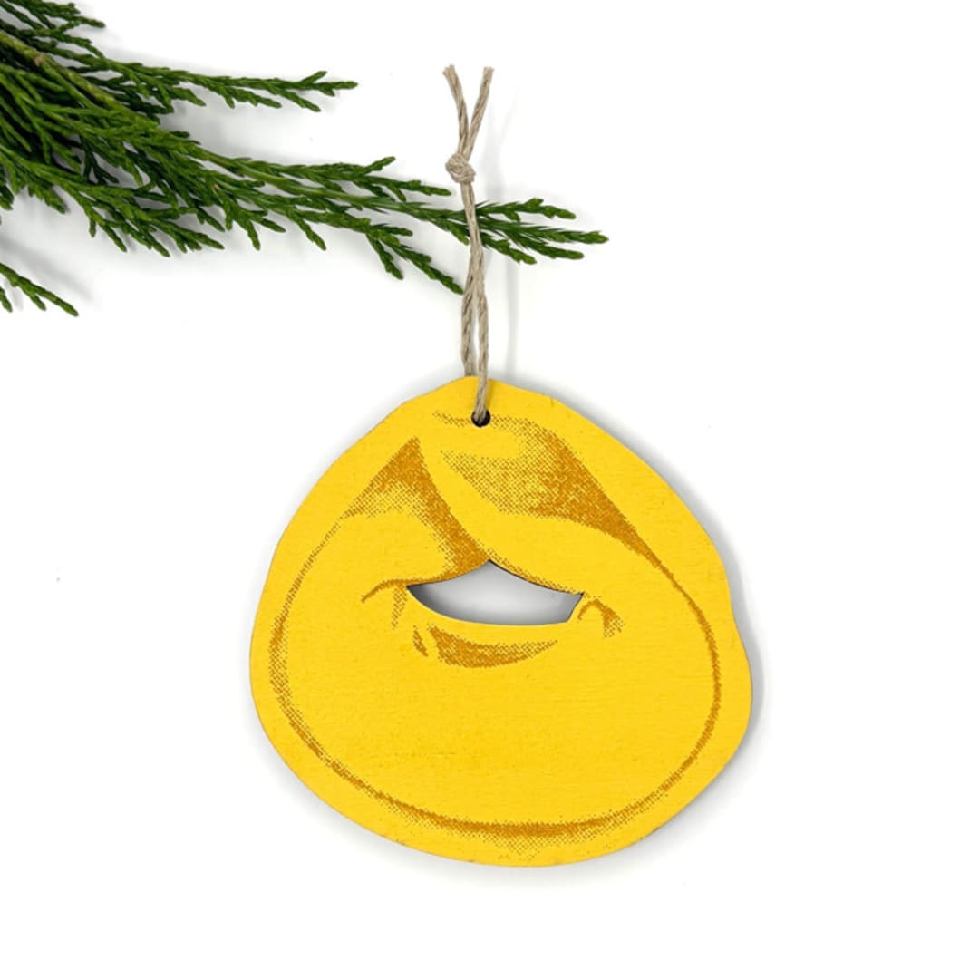 "Wooden Silkscreen Tortellini Pasta Ornament" - Ornaments in yellow by Broderpress