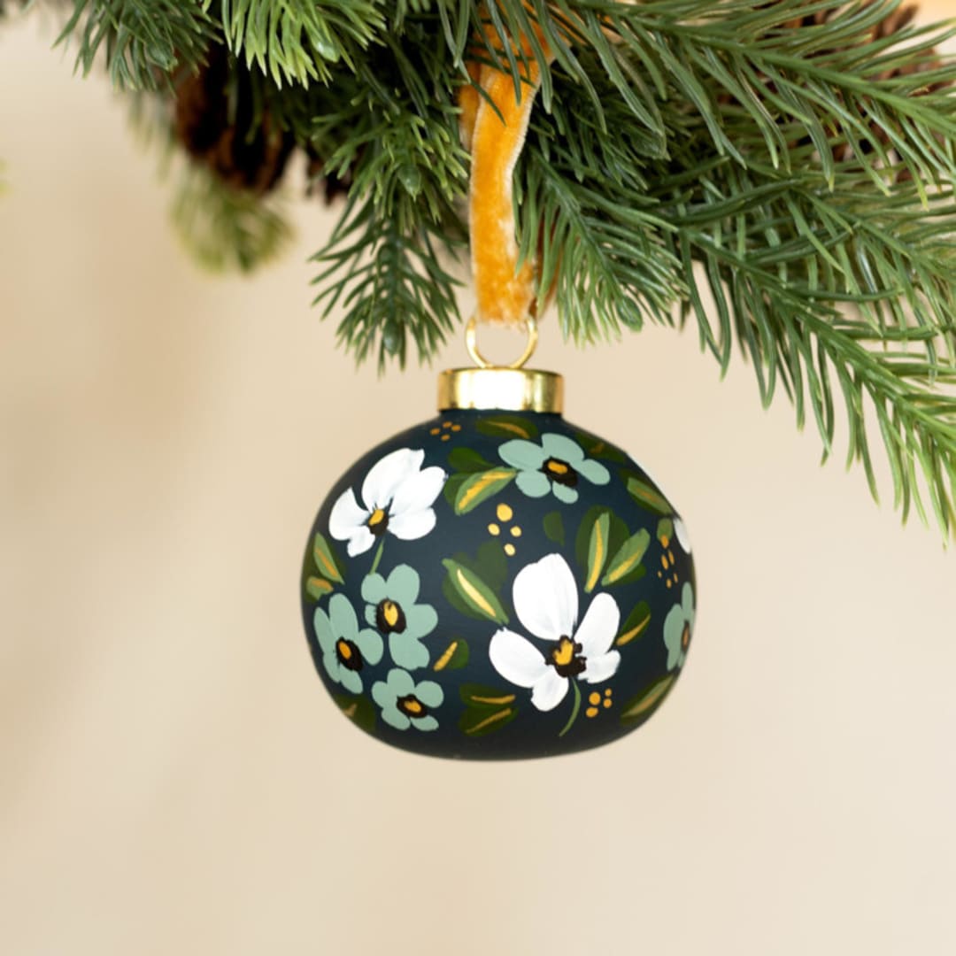 "White and Teal Blooms - Round Shaped Ornament" - Ornaments in multicolor by Sara Swanson
