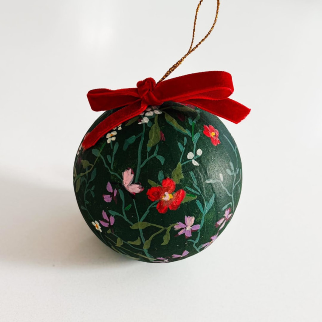 "Hand-Painted Botanical Christmas Ornament on Green Background" - Ornaments in green by Arohika Verma
