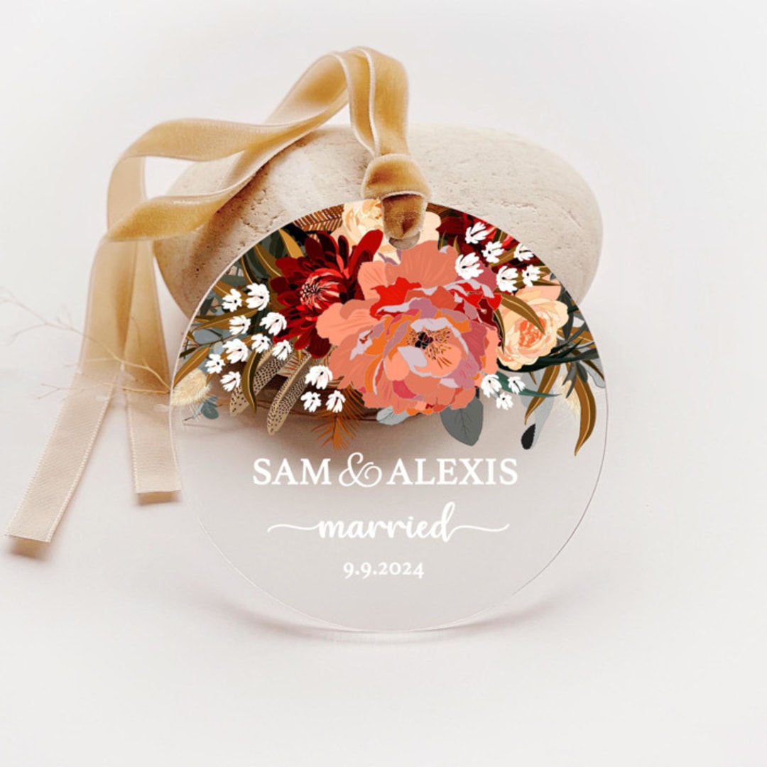 "Personalized Acrylic Fall Dahlia Peony Married Ornament, Set of 1" - Ornaments in red by Iveta Abolina