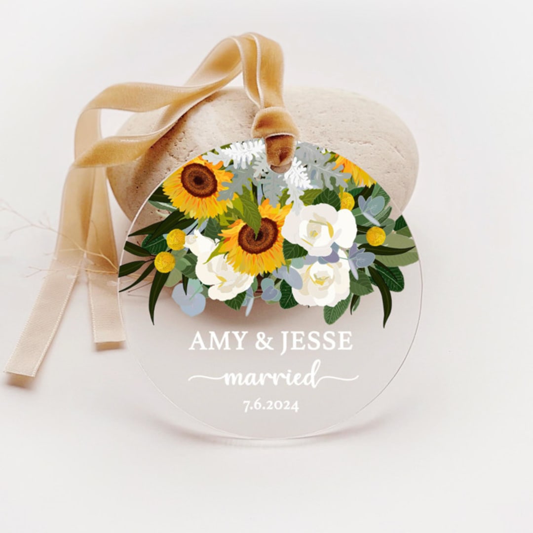"Personalized Acrylic Sunflower White Roses Married Ornament, Set of 1" - Ornaments in multicolor by Iveta Abolina