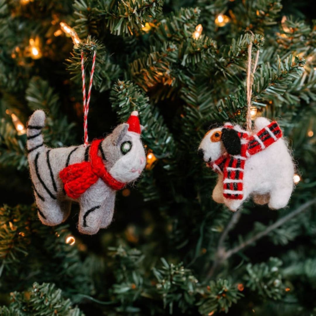 "Felt Holiday Cat Dog Ornament Set of 2" - Ornaments in white by Aahlada Chennupati