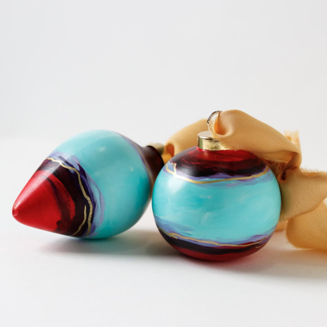 "Red and Teal Ornament - Abstract set of 2" - Ornaments in red by Weronika Zubek
