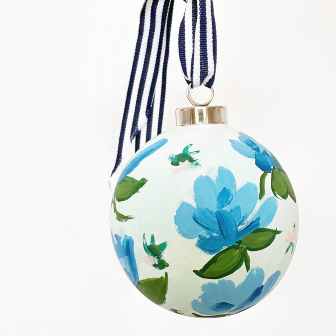 Holiday with Hydrangeas, Hand-Painted Ornament