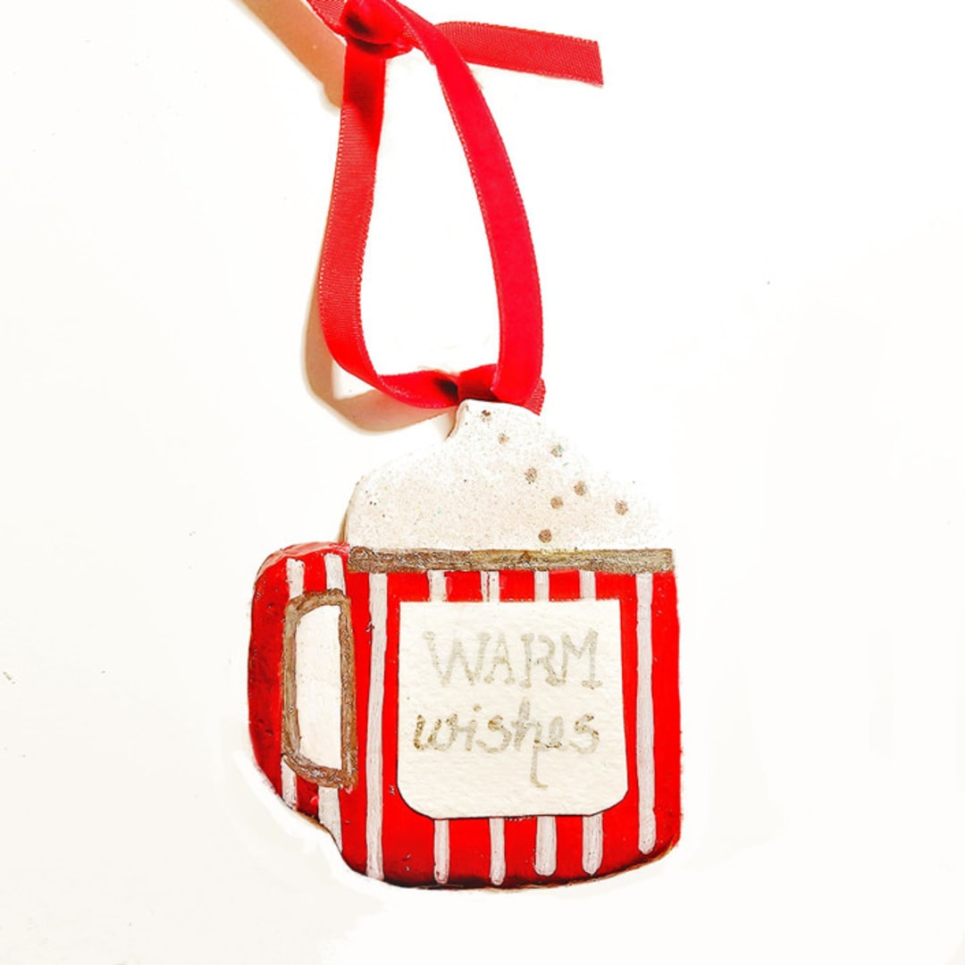 "Hand-made Clay Mug, Stripe Ornament" - Ornaments in red by AlisonJerry