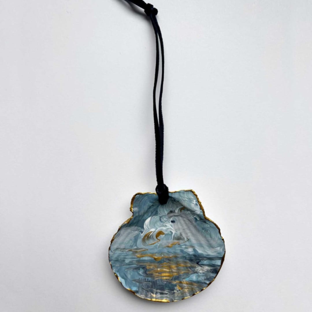 "Original Hand-Painted Natural Seashell Ornament, Deep Blue, Slate & Gold" - Ornaments in blue by Nicoletta Savod