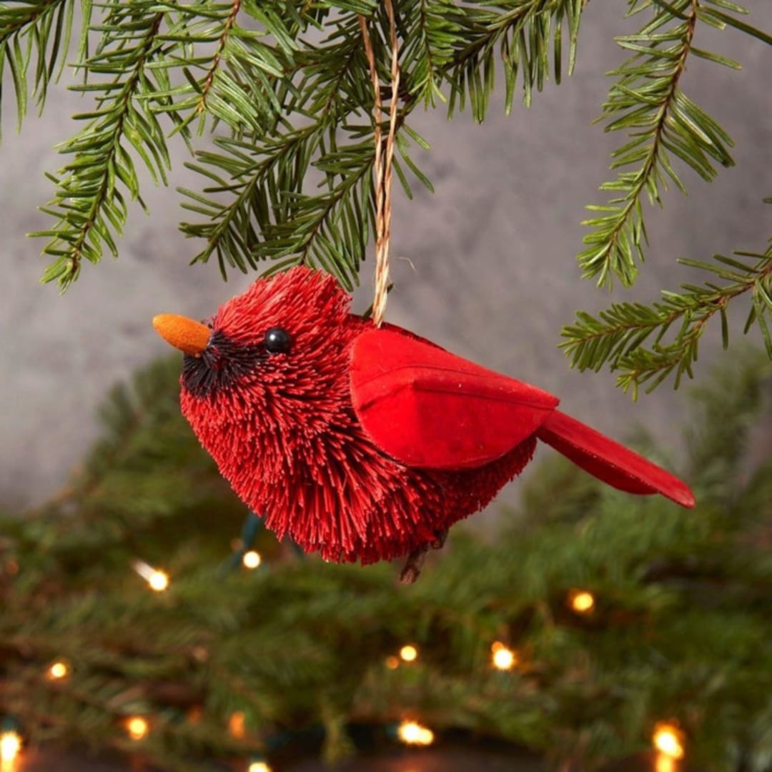 "Buri Cardinal Bird Ornament" - Ornaments in red by Aahlada Chennupati