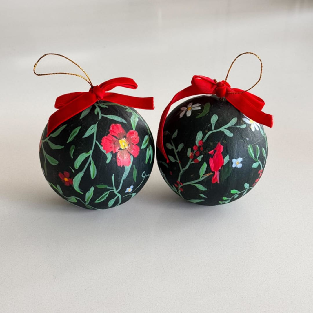 "Hand-Painted Christmas Ornaments with Dark Background –Set of 2" - Ornaments in green by Arohika Verma