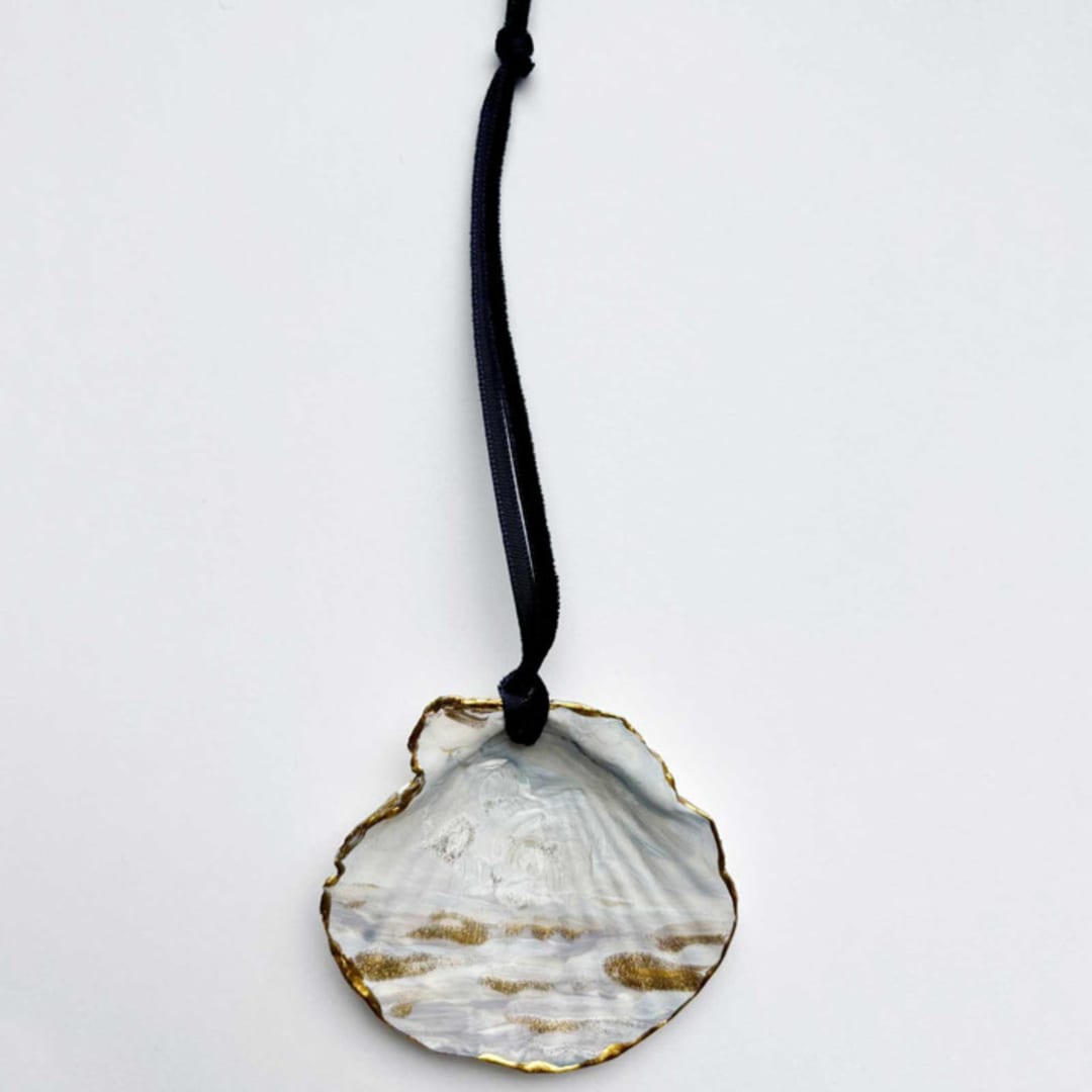 "Original Hand-Painted Natural Seashell Ornament, Light Blue, White & Gold" - Ornaments in blue by Nicoletta Savod