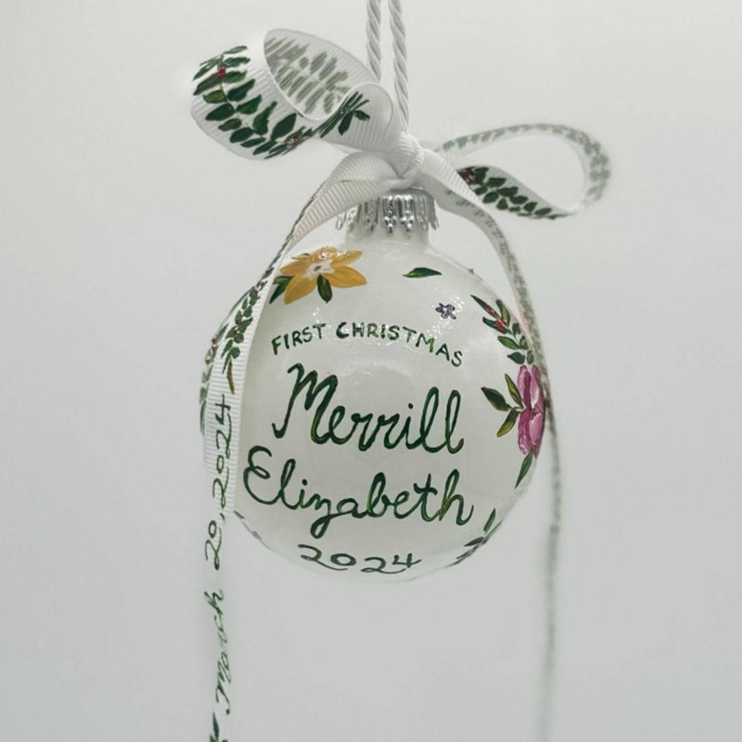 "Personalized Floral First Christmas Ornament with Painted Ribbon" - Ornaments in multicolorassorted-colors by Ashley Myers