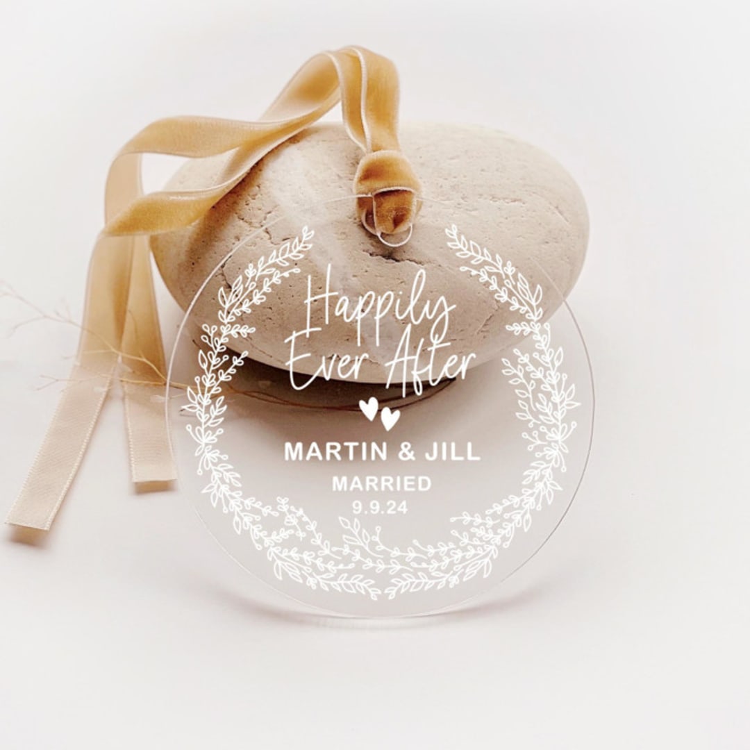 "Personalized Acrylic Happily Ever After Married Ornament, Set of 1" - Ornaments in white by Iveta Abolina
