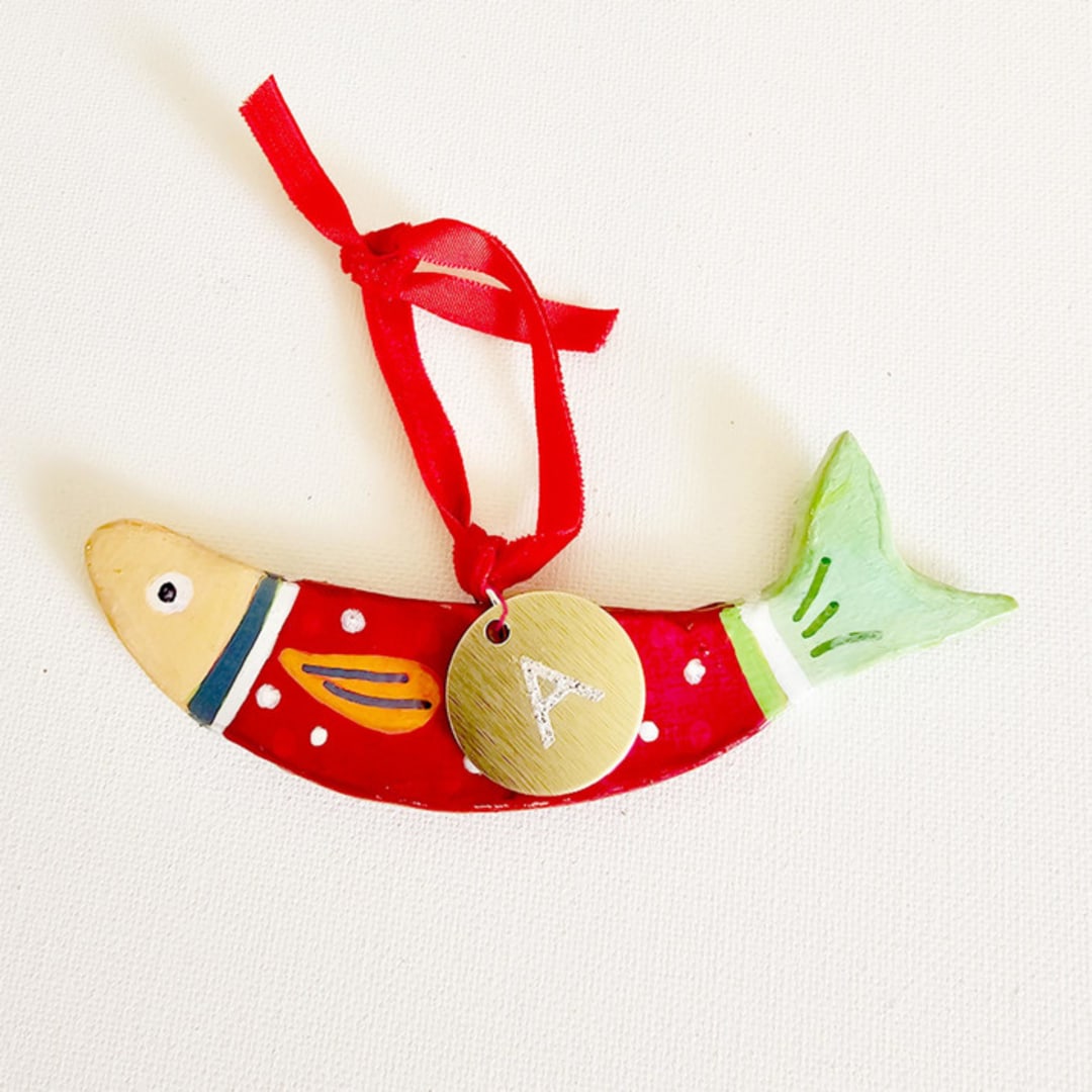 "Personalize, Hand-made Clay Red Sardine Ornament" - Ornaments in red by AlisonJerry