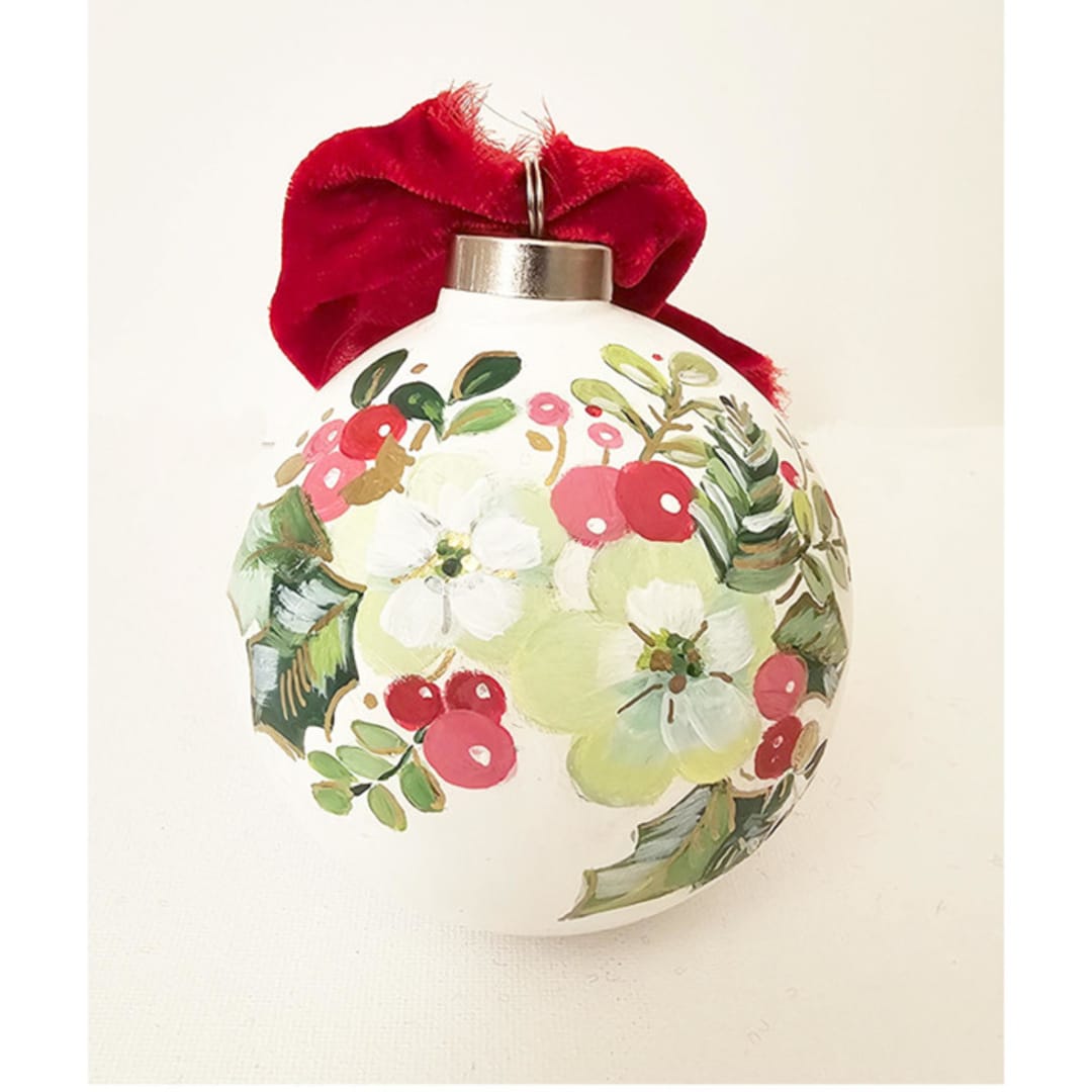 Personalized Christmas White Floral Ceramic Ornament
