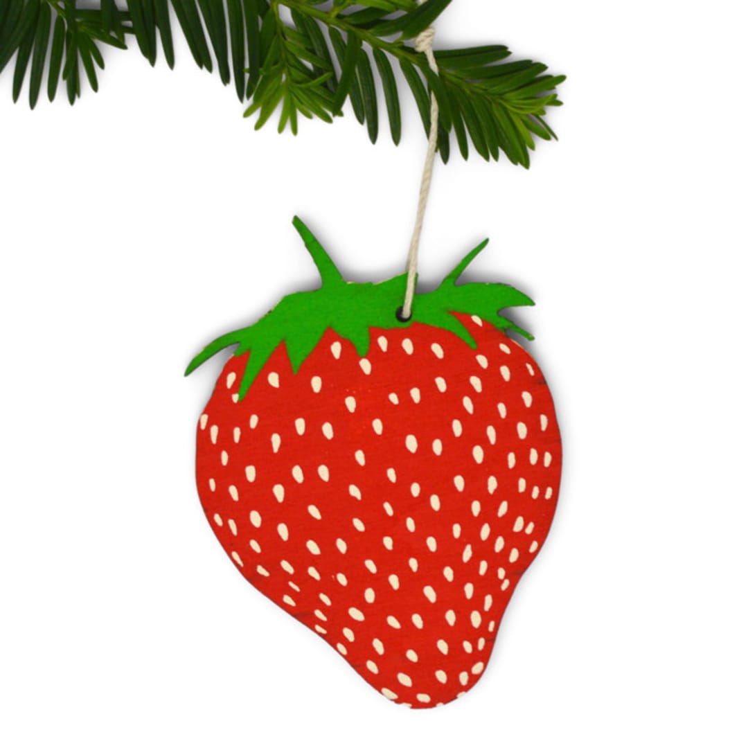 "Wooden Silkscreen Strawberry Ornament" - Ornaments in red by Shannon Broder
