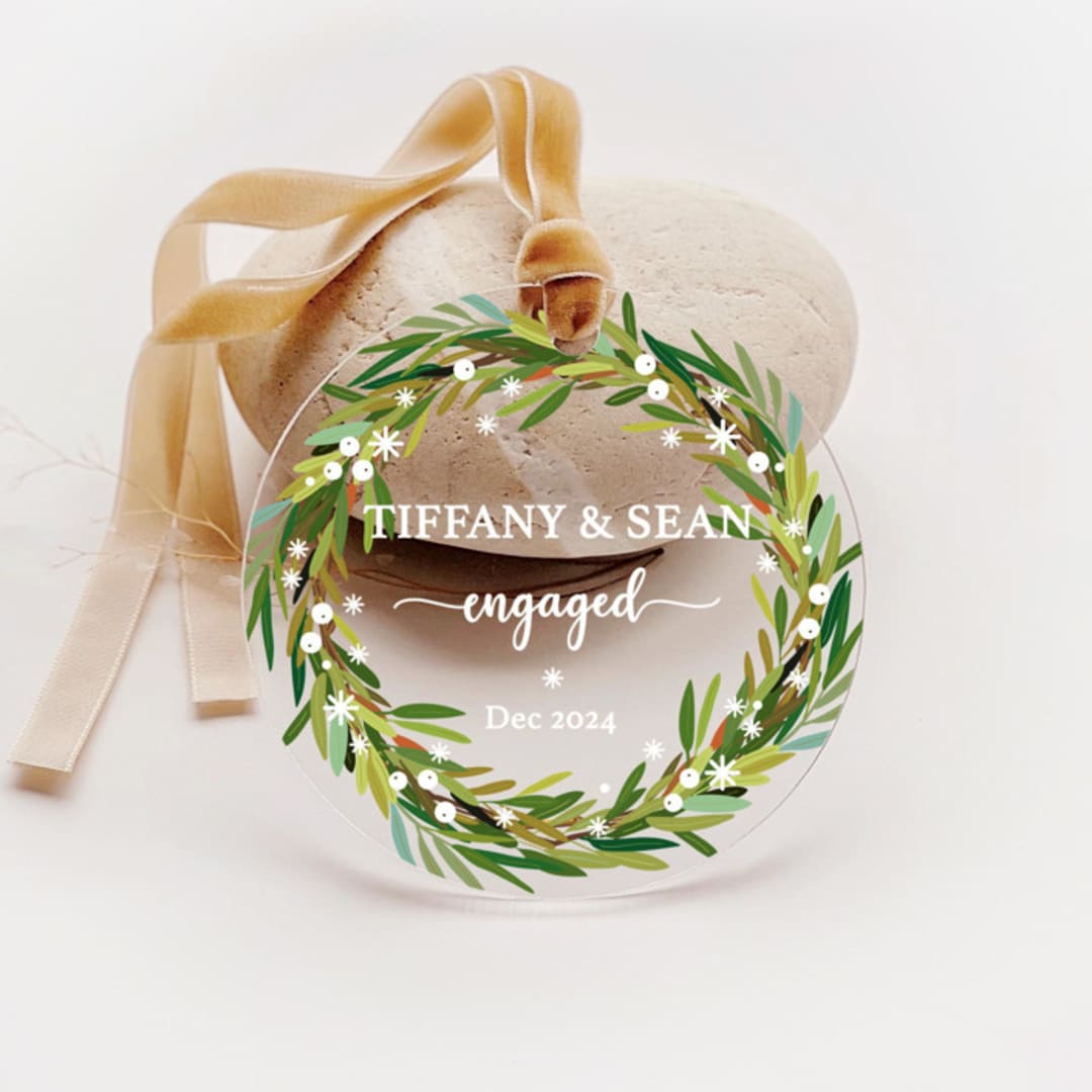 "Personalized Acrylic Green Wreath Engagement Ornament, Set of 1" - Ornaments in green by Iveta Abolina