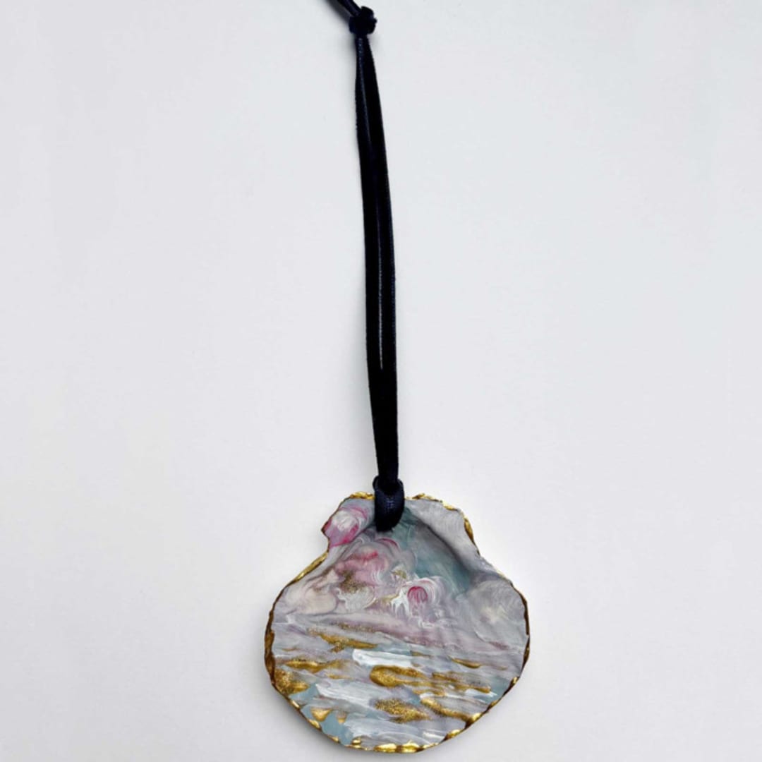 "Original Hand-Painted Natural Seashell Ornament, Slate Blue, Rose & Gold" - Ornaments in gray by Nicoletta Savod