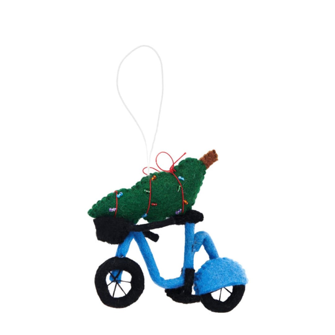 "Felt Christmas Tree Bike Ornament" - Ornaments in blue by Global Goods Partners