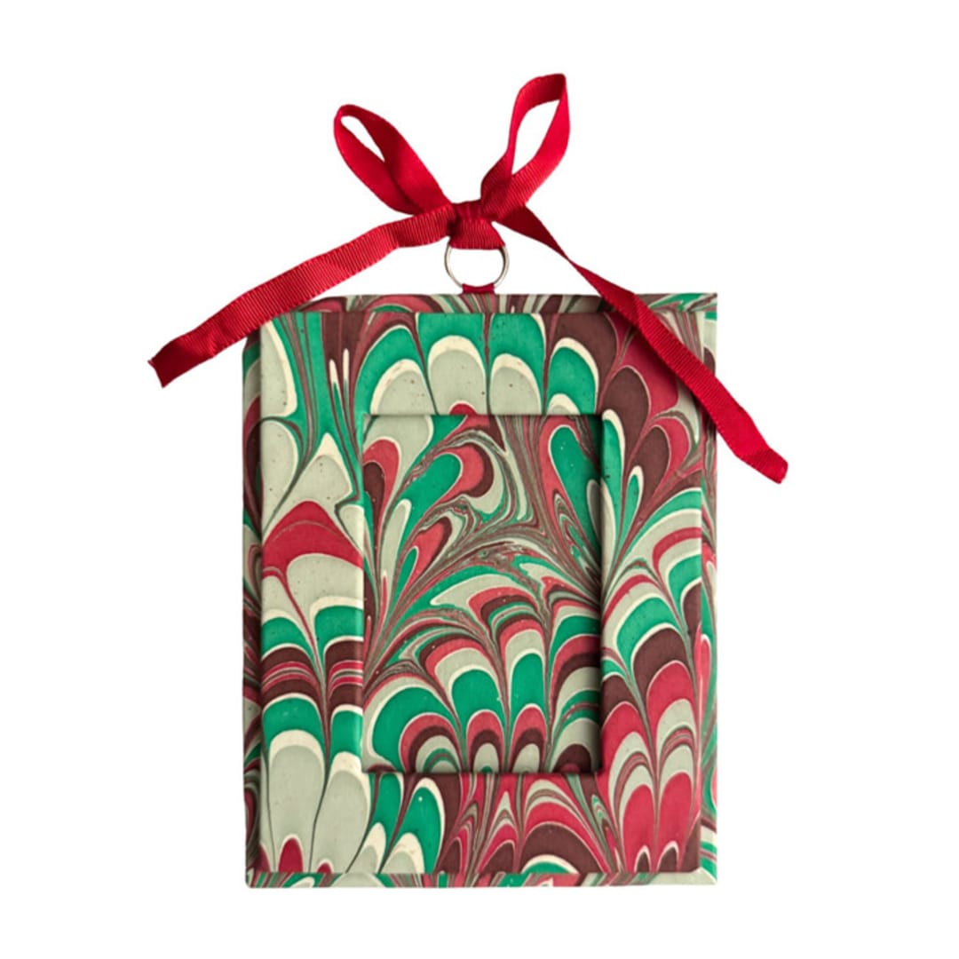 "Holiday Picture Frame Ornament in Festive Marble" - Ornaments in red by Michelle Pham