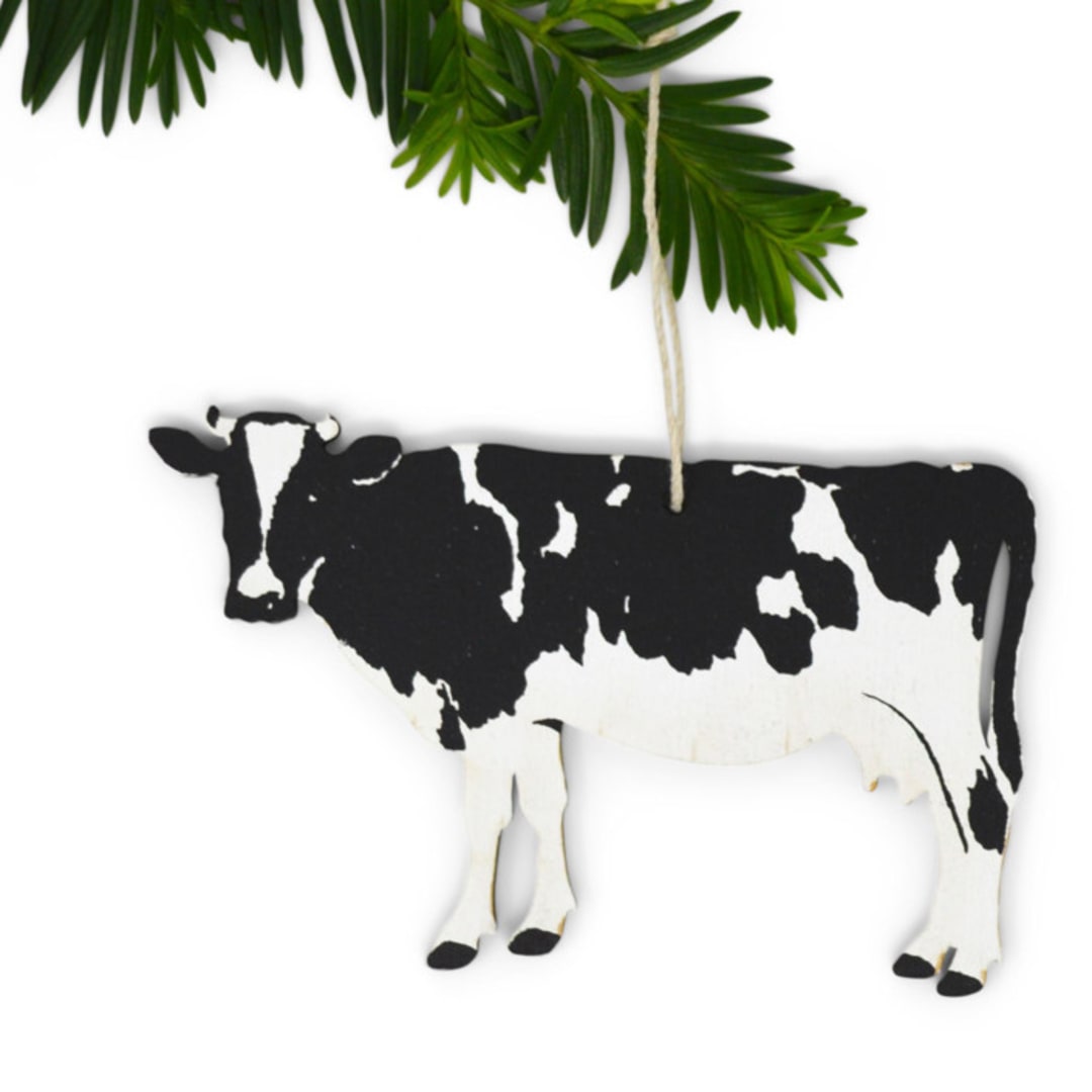 "Wooden Silkscreen Cow Ornament" - Ornaments in black by Shannon Broder