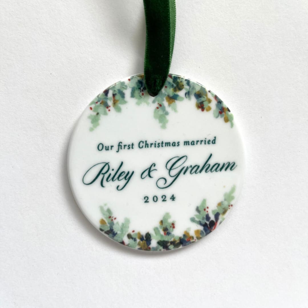 Personalized Newlywed Ceramic Ornament, Greenery
