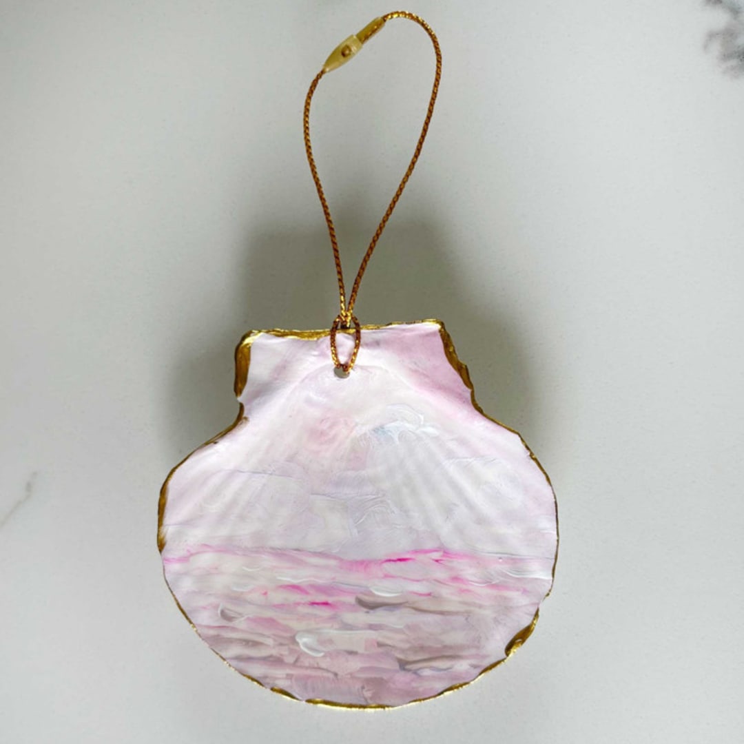 Hand-Painted Natural Seashell Ornament, Rosy Pink, White & Gold