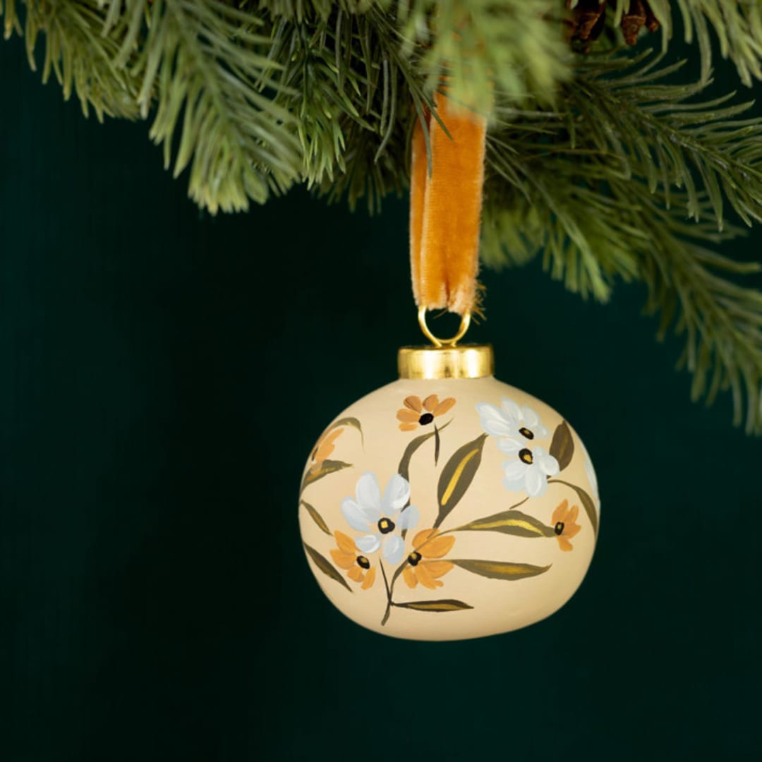 "Holiday Cream Floral - Round Shaped Ornament" - Ornaments in multicolor by Sara Swanson