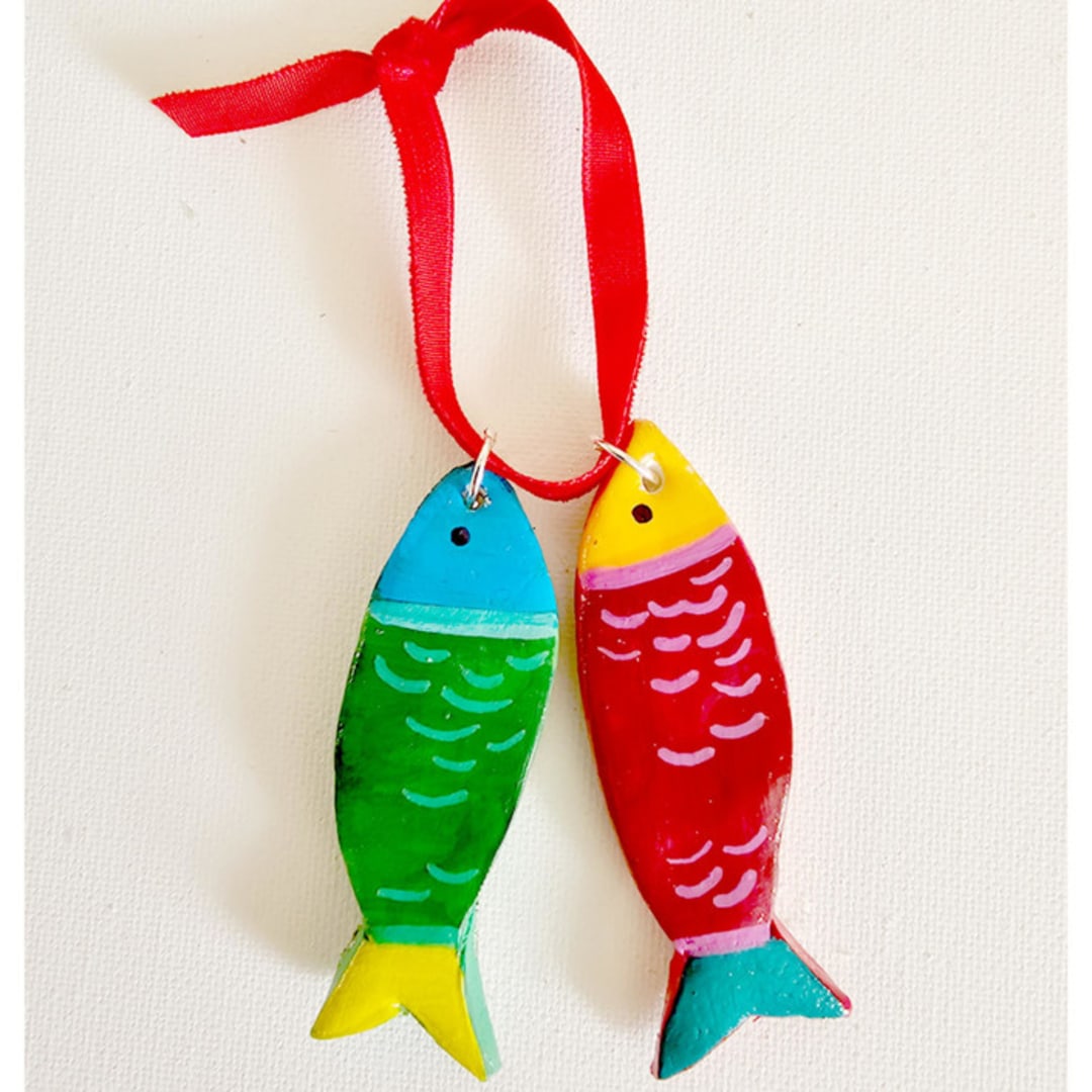 "Personalized 2 Hand-made Sardines, Clay Ornament" - Ornaments in red by AlisonJerry