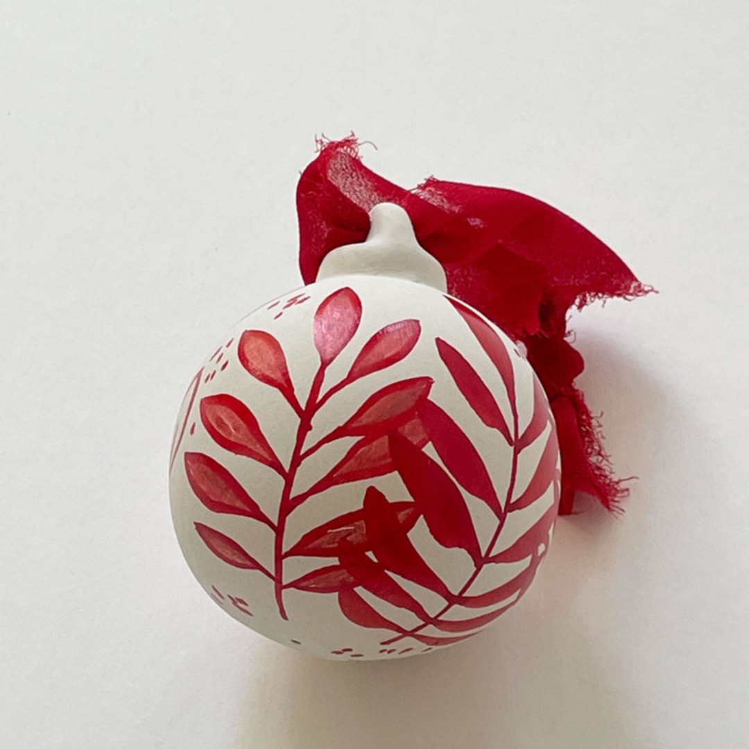 "Red Botanical Hand-painted Ceramic Ornament" - Ornaments in white by Kara Aina