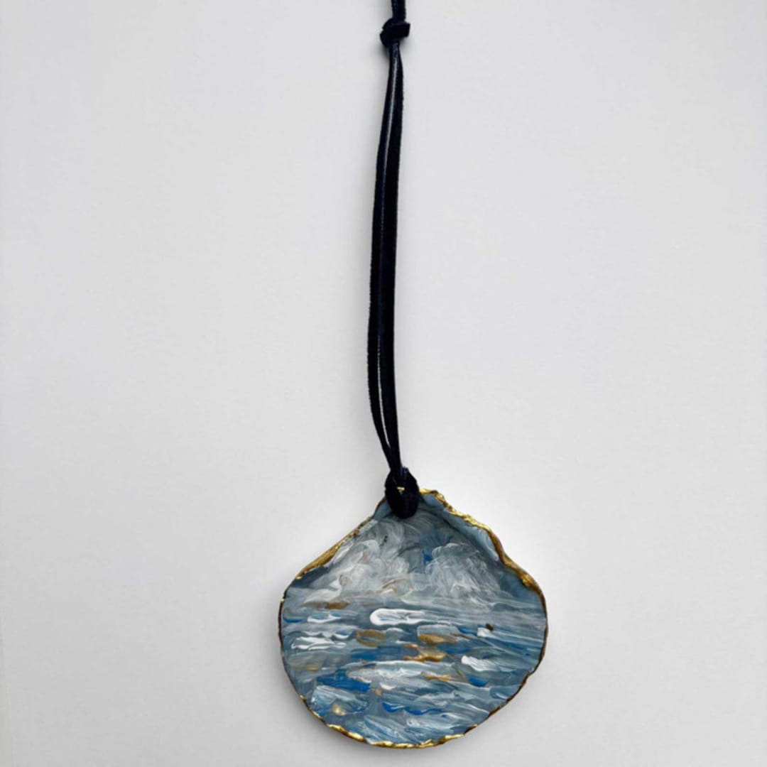 "Original Hand-Painted Natural Seashell Ornament, Deep Blue, Gold & Gray" - Ornaments in blue by Nicoletta Savod
