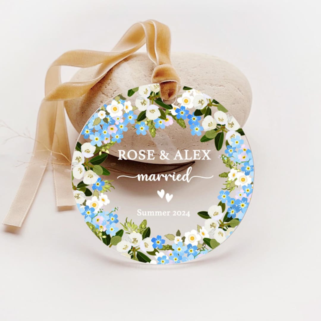 "Personalized Acrylic Blue Forget Me Not Married Ornament, Set of 1" - Ornaments in blue by Iveta Abolina