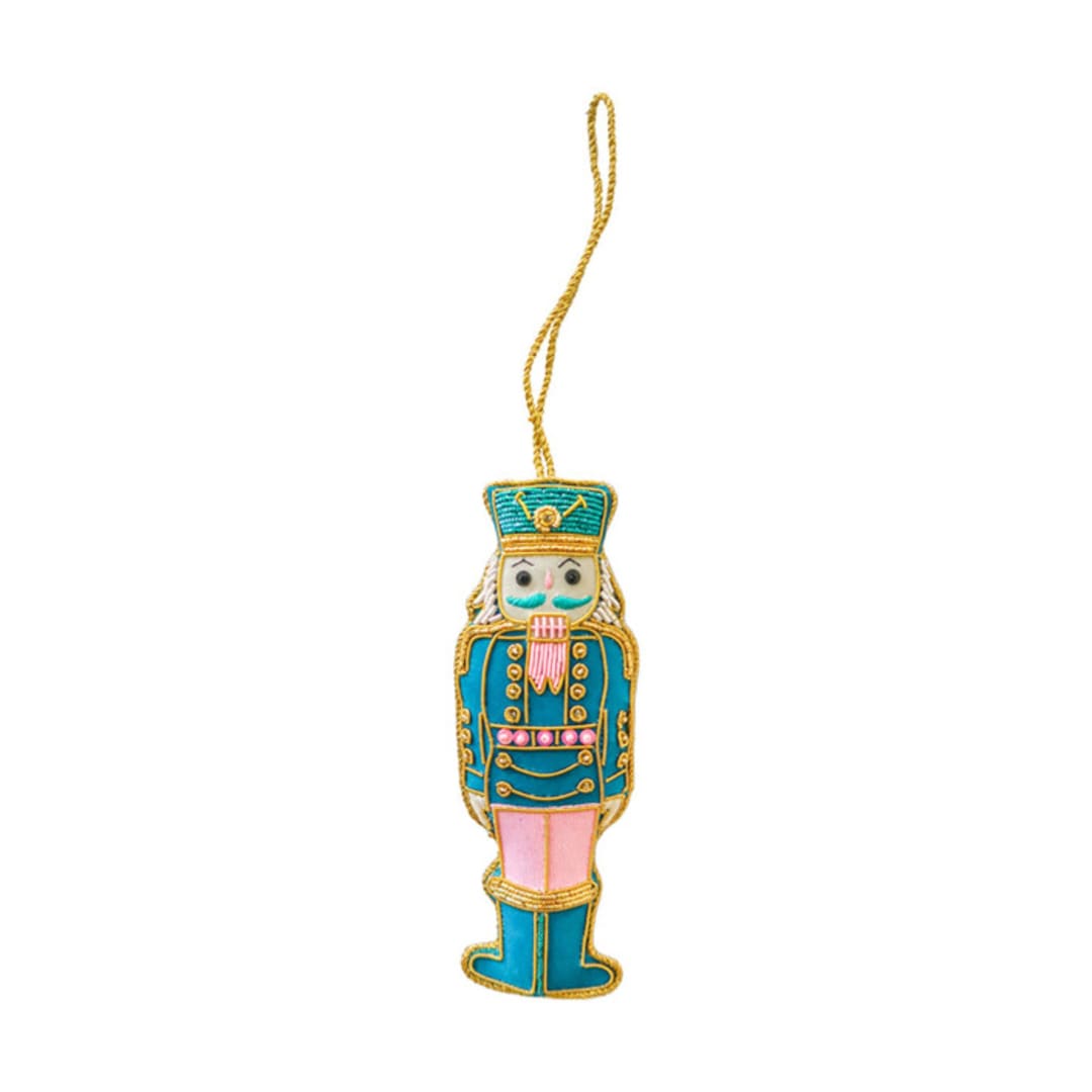 "Blue & Pink Embroidered Nutcracker Ornament" - Ornaments in multicolor by Jollity and Co