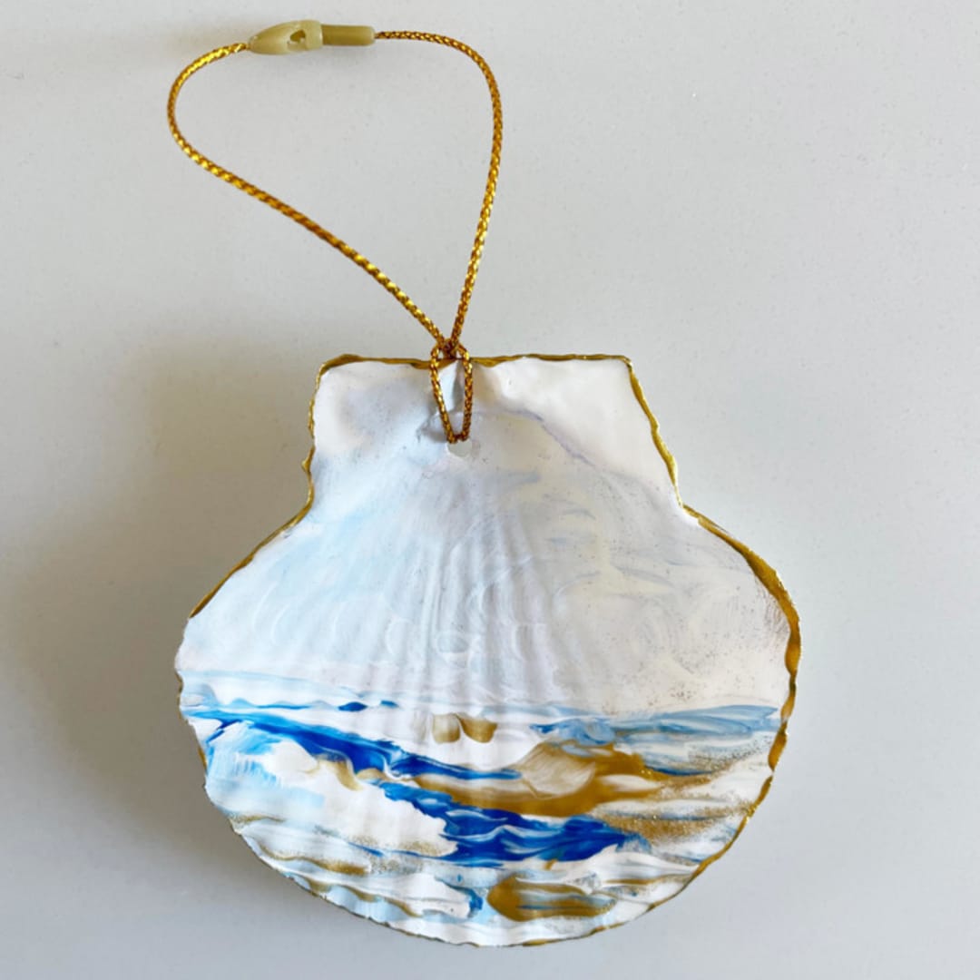 Hand-Painted Natural Seashell Ornament, Blue & Gold