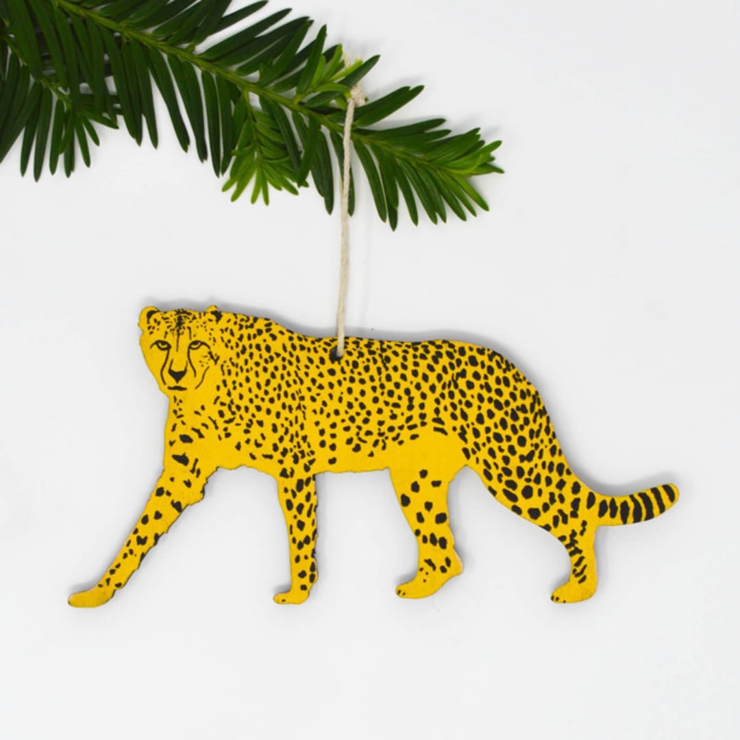 "Wooden Silkscreen Cheetah Ornament" - Ornaments in yellow by Shannon Broder