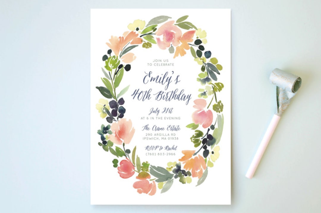 "Watercolor Wreath" - Party Invitations in Grapefruit by Yao Cheng Design - Front