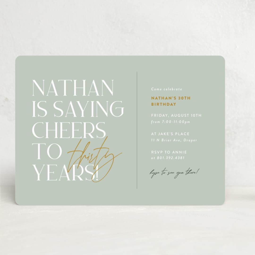 "Cheers!" - Party Invitations in Sage by Stephanie Hawkes - Front