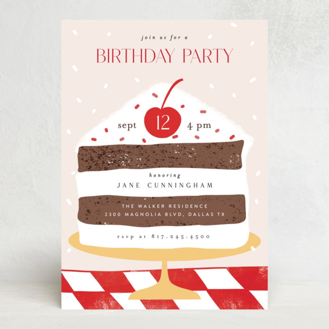 "Birthday Cake" - Party Invitations in Red Checker by Maja Cunningham - Front