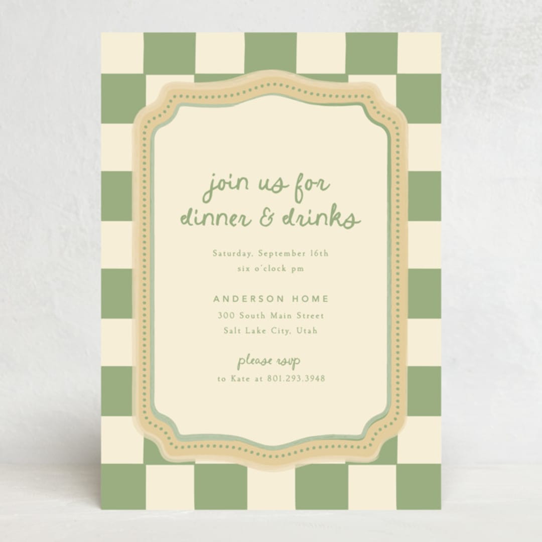 "Checkered China" - Party Invitations in Sage by Robert and Stella - Front