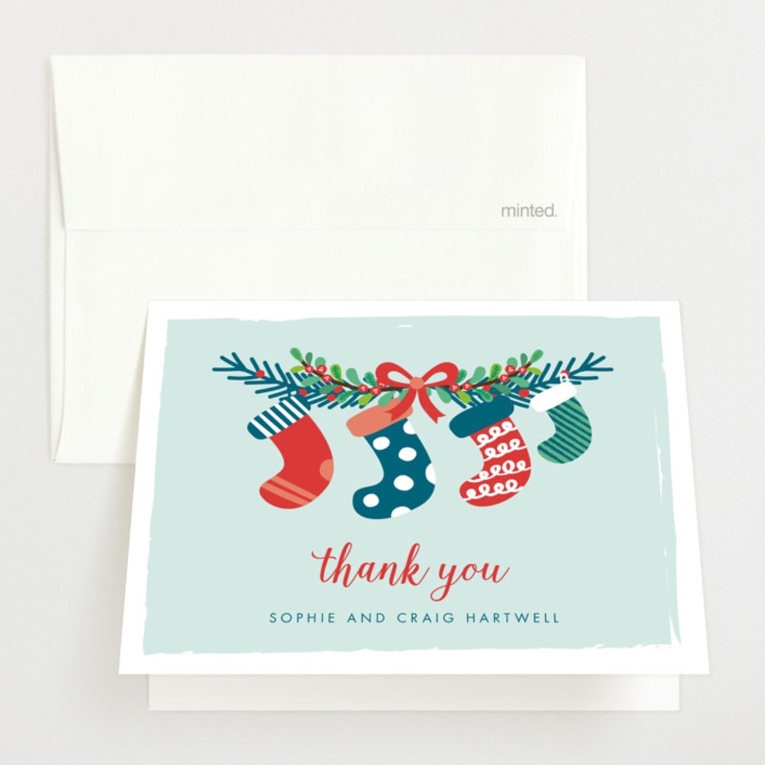 "Holiday Stockings" - Pregnancy Announcement Thank You Cards in Frost by Shirley Lin Schneider - Front