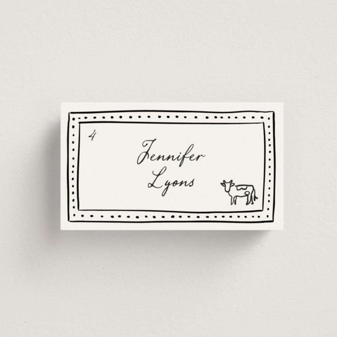 "Sketched Frame" - Place Cards - Beef in Onyx by Erin Deegan - Front with Free Guest Printing