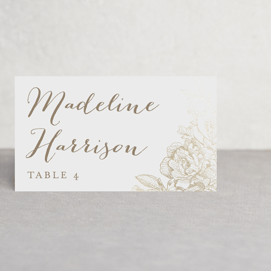 "Engraved Flowers" - Place Cards in Gold by Phrosné Barwood - Front with Free Guest Printing