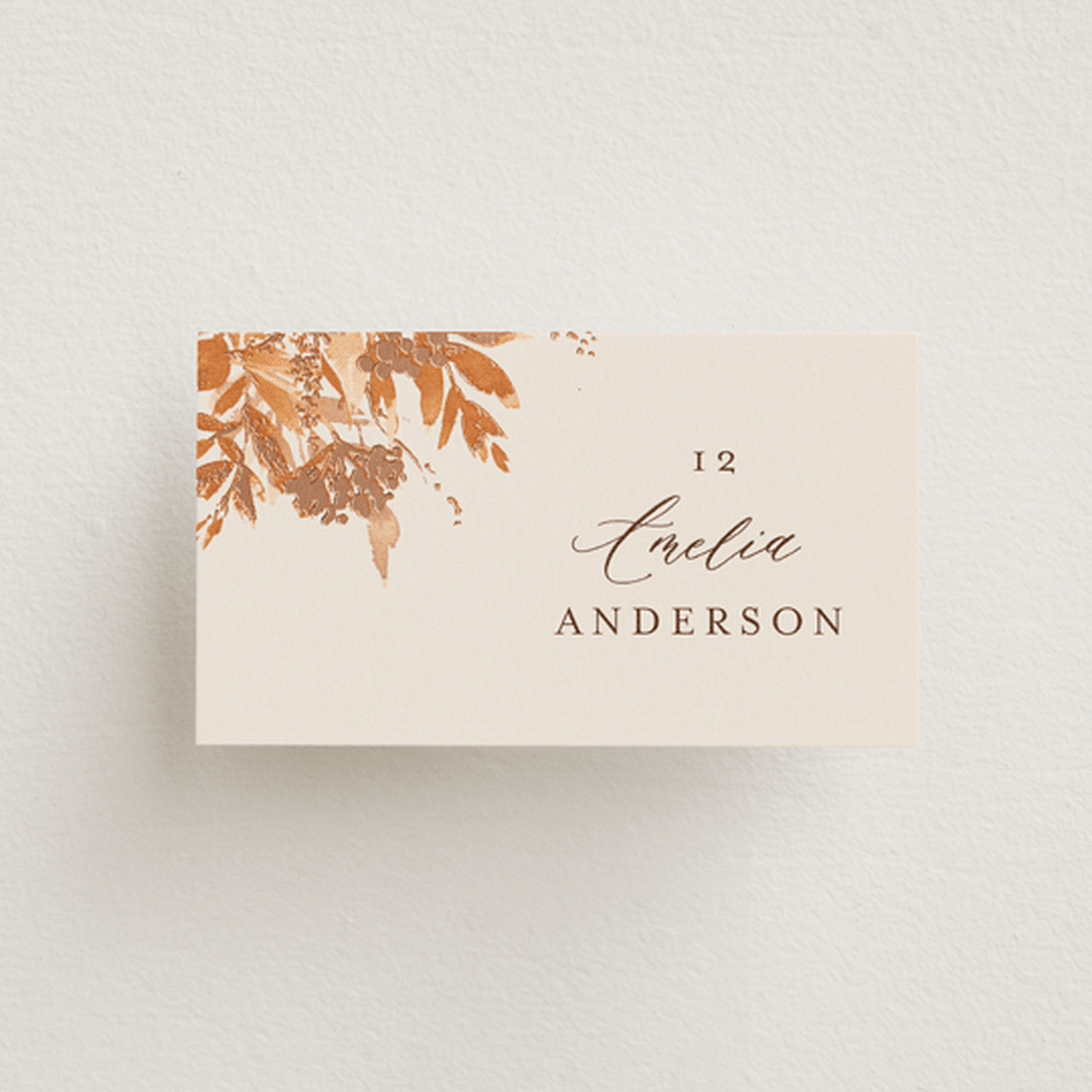 "Wedding in Aspen" - Place Cards in Rust by Chris Griffith - Front with Free Guest Printing