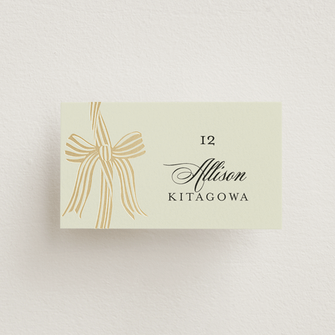 "All Tied Up" - Place Cards in Champagne by Chris Griffith - Front with Free Guest Printing
