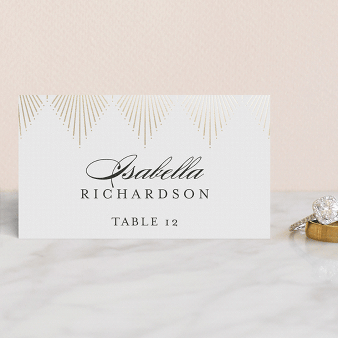 "Deco Fan Border" - Place Cards in Classic White by Kelly Schmidt - Front with Free Guest Printing