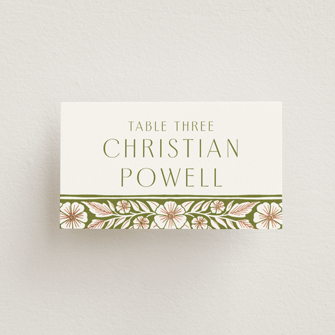 "Inlay Frame" - Place Cards in Avocado by Katharine Watson - Front with Free Guest Printing