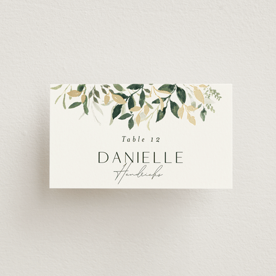 "Garden Serenity" - Place Cards in Greenery by Itsy Belle Studio - Front with Free Guest Printing