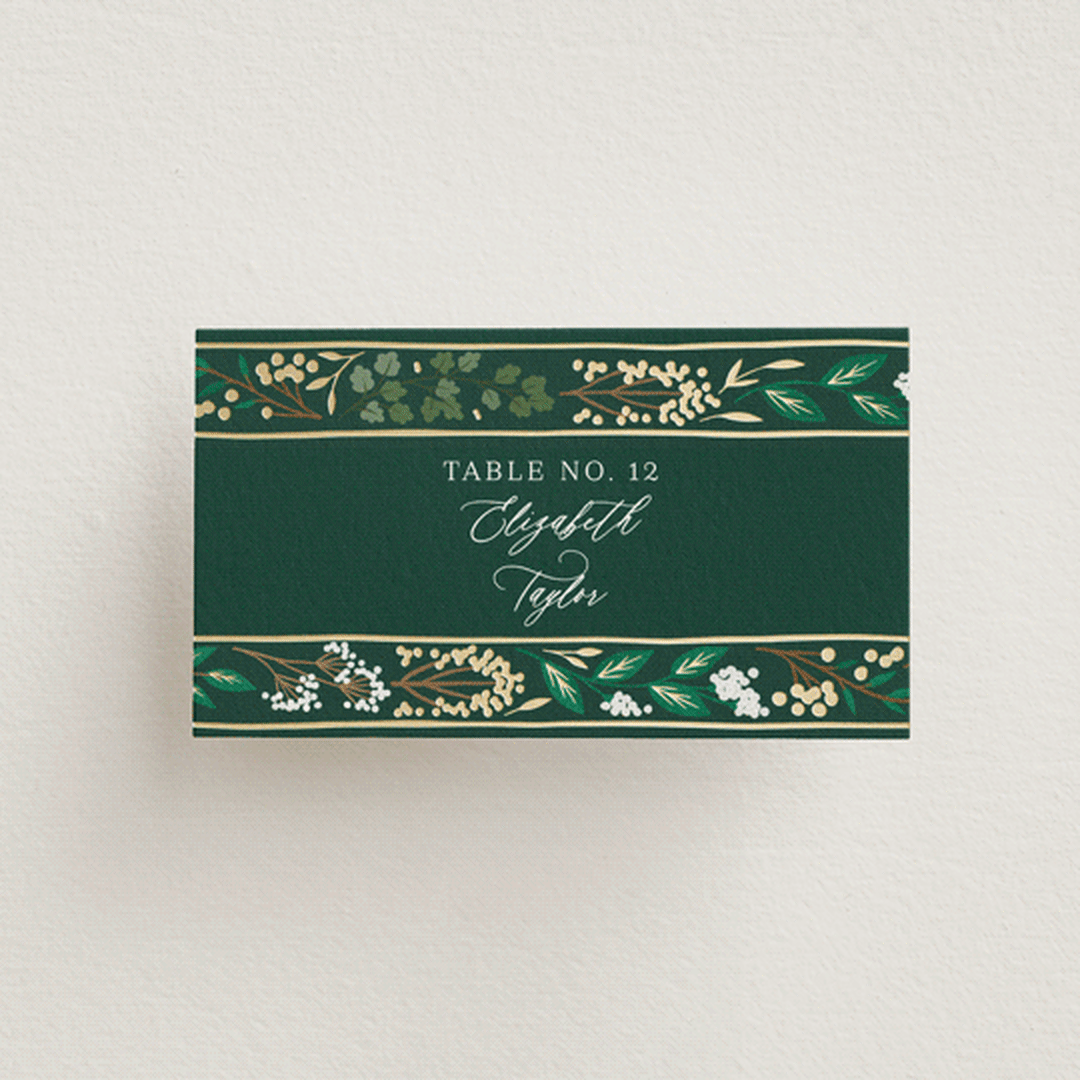 "Illuminated Storybook" - Place Cards in Evergreen by Alethea and Ruth - Front with Free Guest Printing