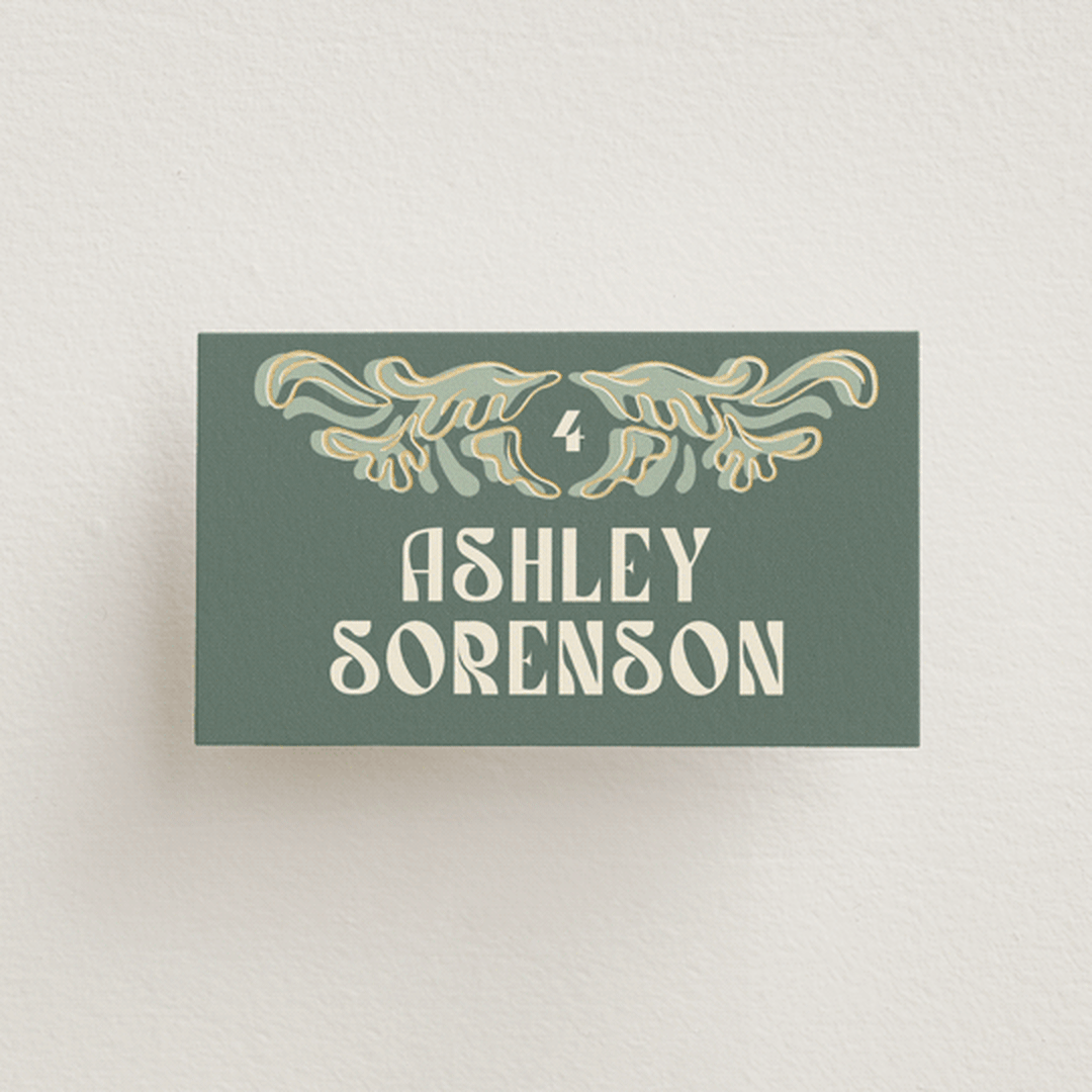 "Nouveau Frame" - Place Cards in Sage by GeekInk Design - Front with Free Guest Printing