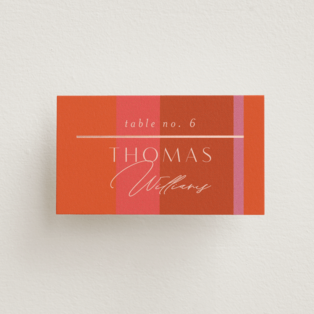 "Patchwork Border" - Place Cards in Fruit Punch by Morgan Kendall - Front with Free Guest Printing